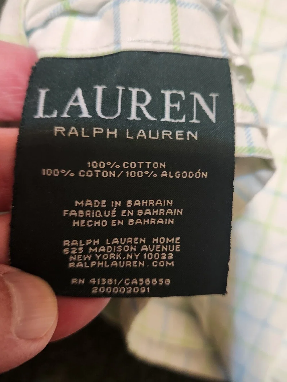 Lauren Ralph Lauren Twin Flat Sheet Cotton Blue Green Windowpane Approx. 63